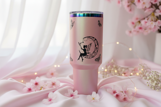 Fairy on the moon iridescent tumbler in dreamy setting